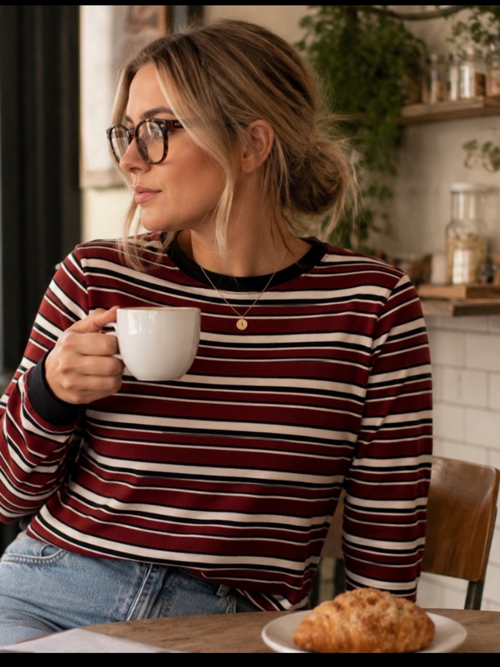 ✅ Billy Reid Sweater Crewneck Cotton Side Zip Pullover in Striped Burgundy
